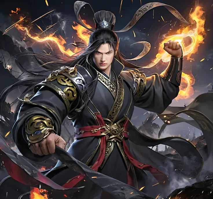 （ruins）eyes filled with angry，He clenched his fists，Rush up，Deliver a fatal blow to your opponent，full bodyesbian，Full Body Male Mage 32K（tmasterpiece，k hd，hyper HD，32K）Long flowing black hair，Camping site area，zydink， a color， patriot （ruins）， （Linen bati...