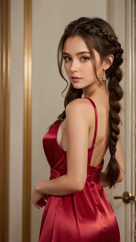 beautiful brunette girl with braided hair. wearing satin dress