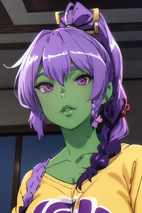 photo of beautiful Orc, RAW, beautiful woman, (portrait), (detailed anime face, purple anime eyes:1.2), (detailed green anime skin, anime lips, smooth green skin: 1.22), (Long dark purple braided ponytail: 1.4), (perfect proportioned body, Strong, muscular...