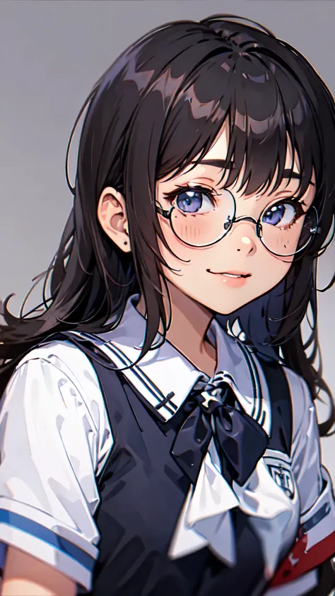 One girl、uniform、Glasses、smile、Blushing cheeks、Highest quality、Masterpiece、Dynamic pose、Dynamic facial expressions、Sing out loud、solo