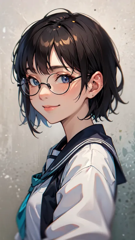 One girl、uniform、Glasses、Vulgar smile、Short Hair、Black Hair、Blushing cheeks、Highest quality、Masterpiece、Upper Body、Shooting with a wide-angle lens、solo