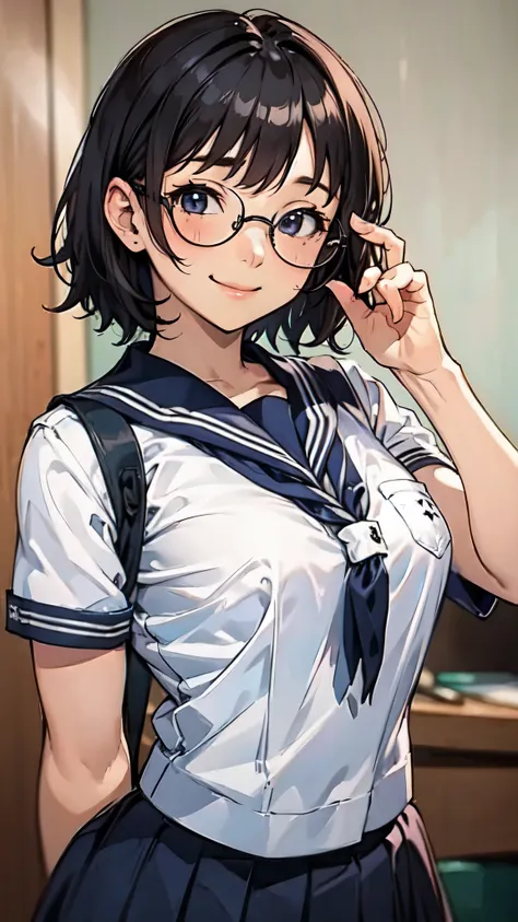 One girl、uniform、Glasses、Vulgar smile、Short Hair、Black Hair、Blushing cheeks、Highest quality、Masterpiece、Upper Body、Shooting with a wide-angle lens、solo