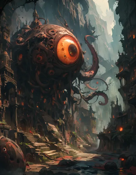 Eye of the Beholder, huge eyeball, abyssal, Deep Dungeon, Spooky atmosphere, 暗くて不吉なダンジョンに浮かぶhuge eyeball, Countless tentacles, Wear a black aura, Miasma is floating, Intricate details, Very detailed, Surreal, Fantasy art, Dramatic lighting, Moody atmospher...