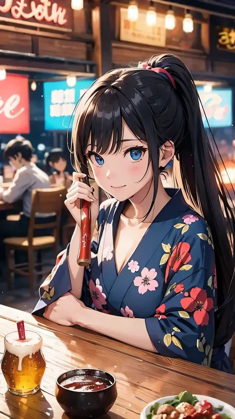 最high quality、Best image quality、masterpiece、With a girl((cute、20-year-old、Best Bust、Medium Bust、Beautiful Blue Eyes、Spread your chest wide,Black Hair、ponytail、Disheveled Hair、thin、Highest Valley、Red yukata、smile、Beer を持つ)）high quality、Beautiful art、backgr...