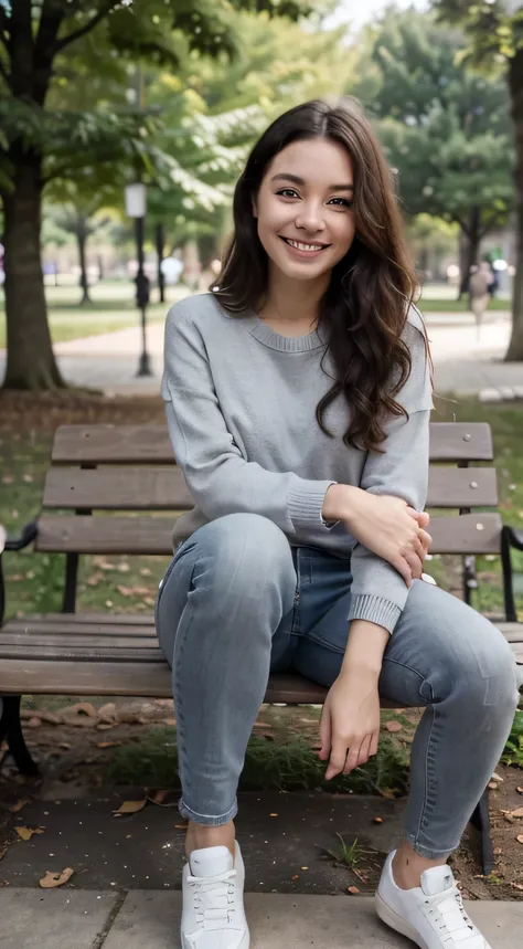 A girl is sitting on a bench in the park、 Full body photo、,Wavy Hair、 smile、Beautiful teeth alignment、Ear piercing、Grey sweater, Skinny jeans、 Wearing sneakers,, High resolution, detailed, Realistic,High detailed