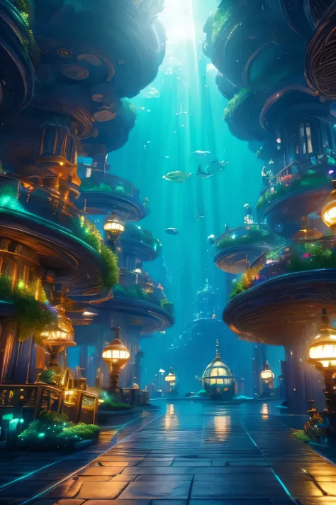 {{masterpiece, Highest quality, unity 8k wallpaper, Cinema Lighting}}, Fantasy Biome。Undersea City。There are buildings inside many bubble domes。There is an iconic building。