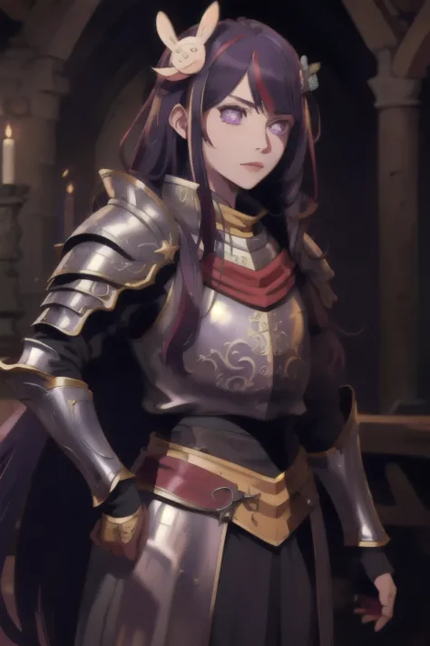 Hoshino Ai, long hair, purple hair, streaked hair ,purple eyes, star-shaped pupils, hair ornament, medieval armor