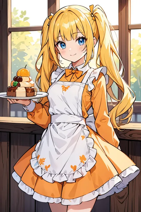 fairy_tail_style, solo, 1 girl, (young female body:1.4), (medium small breasts), golden light yellow hair, extra long wavy yellow hair, blunt bangs, crystal blue eyes, very detailed eyes, cowboy shot, detailed eyes, waitress at a restaurant, food tray, whi...