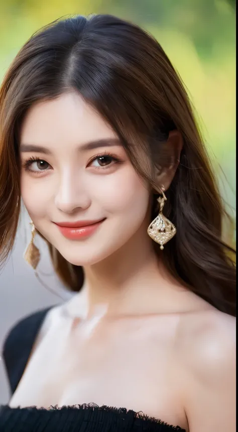 (Highest quality, 8k, masterpiece: 1.3), Beautiful woman with perfect figure: 1.2, Dark brown hair, Wear a pendant, Off the shoulder、Elegant long dress、(A very loving smile:1.2)、 Highly detailed face and skin, Beautiful Eyes, double eyelid,  ((Full Body Sh...