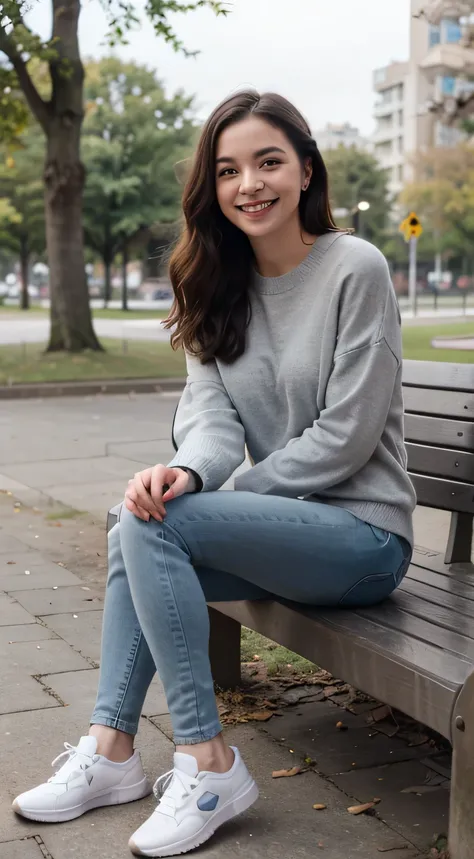 A girl is sitting on a bench in the park、 Full body photo、,Wavy Hair、 smile、Beautiful teeth alignment、Ear piercing、Grey sweater, Skinny jeans、 Wearing sneakers,, High resolution, detailed, Realistic,High detailed