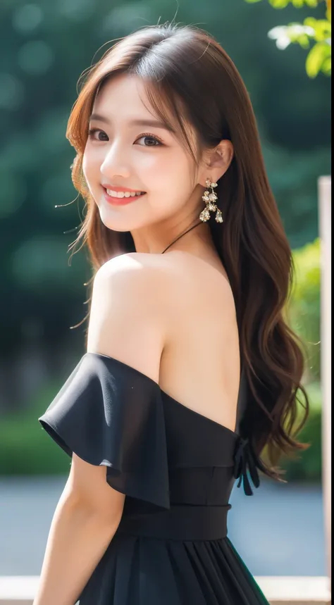 (Highest quality, 8k, masterpiece: 1.3), Beautiful woman with perfect figure: 1.2, Dark brown hair, Wear a pendant, Off the shoulder、Elegant long dress、(A very loving smile:1.2)、 Highly detailed face and skin, Beautiful Eyes, double eyelid,  ((Full Body Sh...