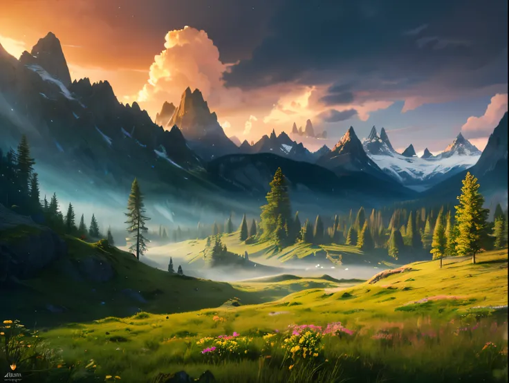 a magical fantasy landscape, a majestic mountain rising into the sky, dramatic clouds, ethereal lighting, glowing crystals, mystical flora and fauna, intricate details, vibrant colors, awe-inspiring, cinematic composition, epic scale, (best quality,4k,8k,h...