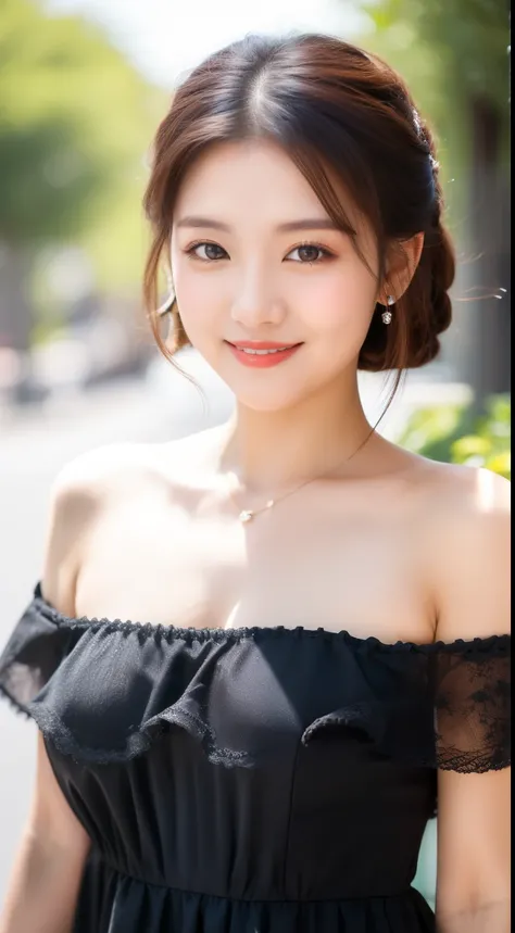 (Highest quality, 8k, masterpiece: 1.3), Beautiful woman with perfect figure: 1.2, Dark brown hair, Wear a pendant, Off the shoulder、Elegant long dress、(A very loving smile:1.2)、 Highly detailed face and skin, Beautiful Eyes, double eyelid,  ((Full Body Sh...