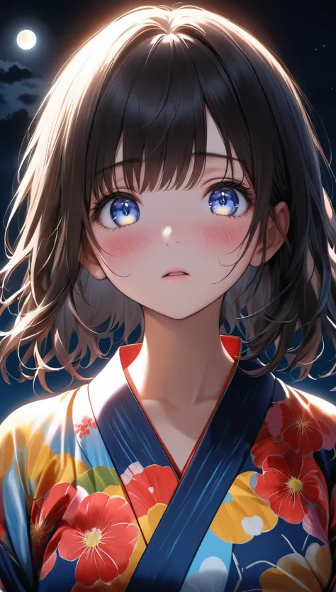 ultra-realism, confession in the moonlight, a girl in a colorful yukata, announce to the viewers, staring at me with clear, aest...