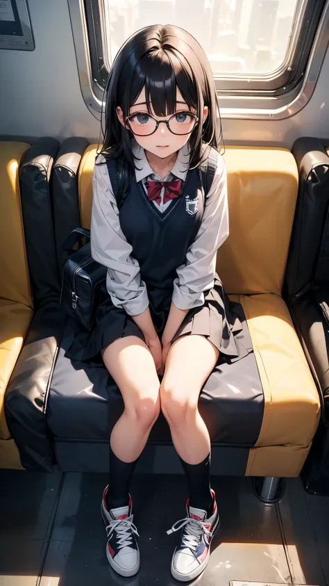 summer、In a crowded train、thick、Sweat、、high school girl、Student Bags、、Low length、(((Long black hair:1.2　hair band)))(((Black-rimmed glasses:1.2　black eye)))、Strong sunlight、thicksummerの昼間、Bright sunlight、Look at this、Front view、Full Body Shot、glamorous、loo...