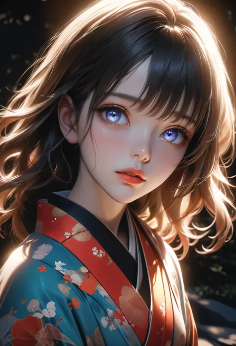 a beautiful girl in a vibrant kimono confessing her love under the light of a large full moon, her face flushed with nervousness...