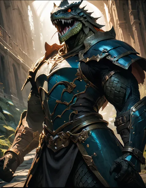 muscular lizardman, Armored Lizardman, Powerful Lizardman, Detailed reptile features, Reptile Eyes, Sharp teeth, Reptile skin texture, Medieval fantasy armor, Intricate Armor Design, Dramatic lighting, Cinematic camera angles, Dark moody color palette, Dra...