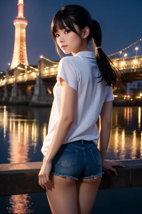 8K, RAW Photo, Best Quality, Masterpiece, Realistic, PhotoRealistic, Extremely Detailed 8K Wallpaper, Beautifully Detailed Eyes, Finely Detailed Face, 
 BREAK 
Cinematic Lighting, 
 BREAK 
1 Girl, ((s-bridge:1.6, sparkle:1.6, t-skytree:1.6, Night, building...