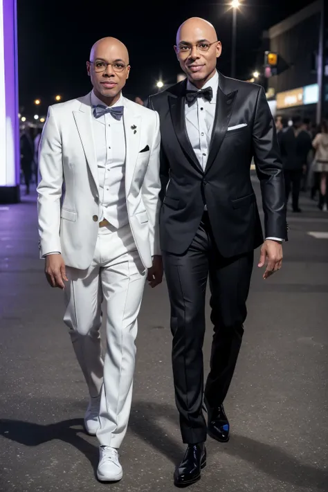 Create a 50-year-old bald black male character based on presenter Rupaul,  full body photo dressed in a white suit. 