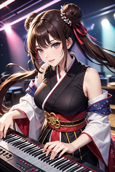 Top quality, ample limbs, perfect fingers, slender beauty, twin-tailed bun hairstyle, brown hair, Deresute, A costume of haori and hakama with a flashy pattern,Band instrumentskeyboard, beautiful large breasts, live stage, Playing Band InstrumentsKeyboard