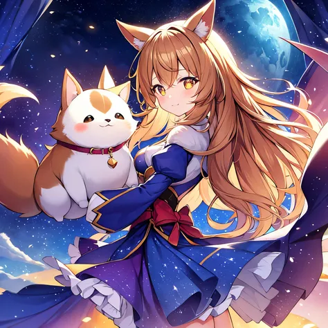 a flying corgi, night sky, full moon, anime style, highly detailed, intricate background, cinematic lighting, glowing eyes, fluffy fur, whimsical, colorful, magical realism, dynamic pose, sense of wonder, dreamlike, atmospheric