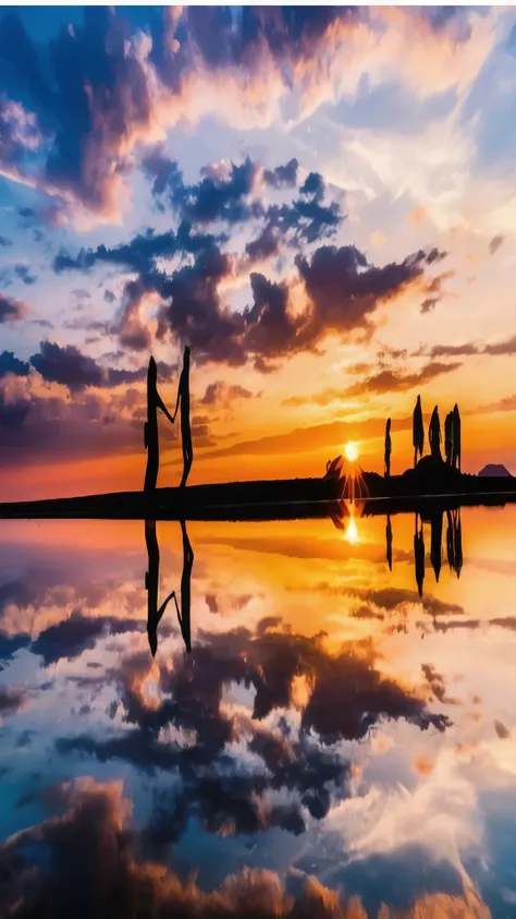 A stunning high-resolution video clip capturing the beauty of a sunset over a calm body of water. The scene features vibrant colors of orange, pink, and purple in the sky, with the setting sun casting a warm glow over the horizon. Silhouettes of people can...