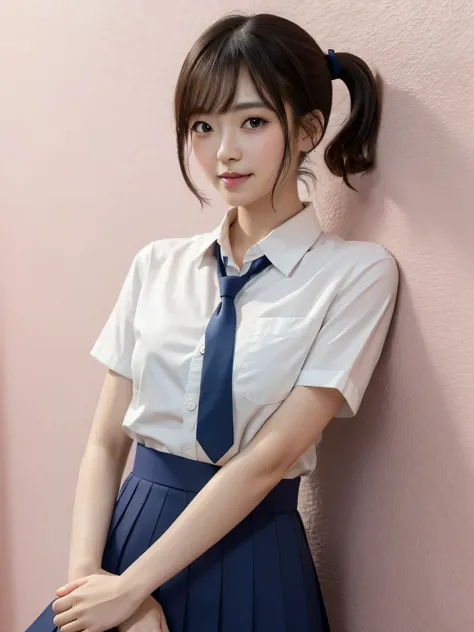 (Highest quality、8k、32K、masterpiece、Hmph:1.2)、Pink Wall、sexy、26 years old、Cute Japan woman photo、ponytail、sexy、thin、slender、(Bobcut)、(Small breasts)、double eyelid、Navy open front shirt、Navy blue tie、Red mini skirt、Thighs、Blue Wall、whole body、smile、sexy、Thi...