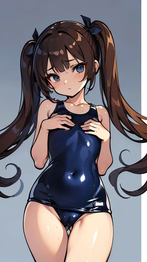 (masterpiece:1.3), (ultra detailed:1.2), beautiful detailed eyes, ultra-detailed,  
very long twin tails, brown hair,
((constriction less, Dim body)), flat_chest, curvy
((school swimsuit)), Highly detailed glossy skin, Dark blue one-piece swimsuit, (Swimsu...