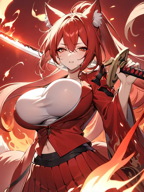 8k best quality best work red long ponytail red fox ears nine fox tails very large breasts flaming japanese sword red jacket lon...