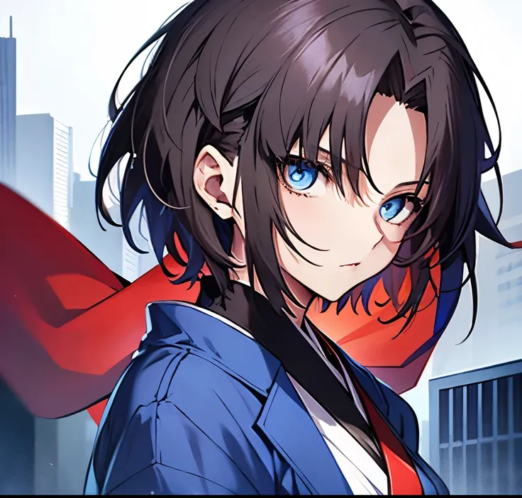 Painting of Fate, Tall Woman, 20th Generation, Solo Solo, parted in the middle, Black Hair, short hair, Long-term, Narrow eyes, Beautiful Eyes, Blue jacket, Upper Body