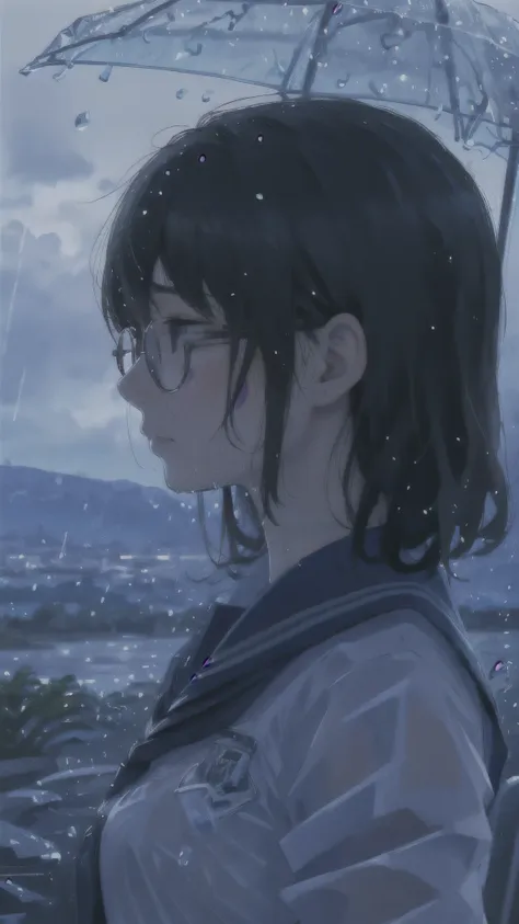 One girl、uniform、scenery、Glasses、profile、Landscape、Beautiful girl、Close-up of face、Highest quality、Masterpiece、Upper Body、solo、Wet Hair、rain
