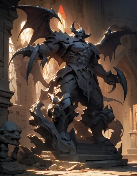 Dynamic stone statue, Devil stone statue, Gargoyle, (Full body view, 台座に座るDevil stone statue), Dark Fantasy Art, Gothic architecture, Dramatic Shadows, Ominous atmosphere, Intricate details, Weathered stone texture, Menacing look, Twisted corners, Sharp Cl...