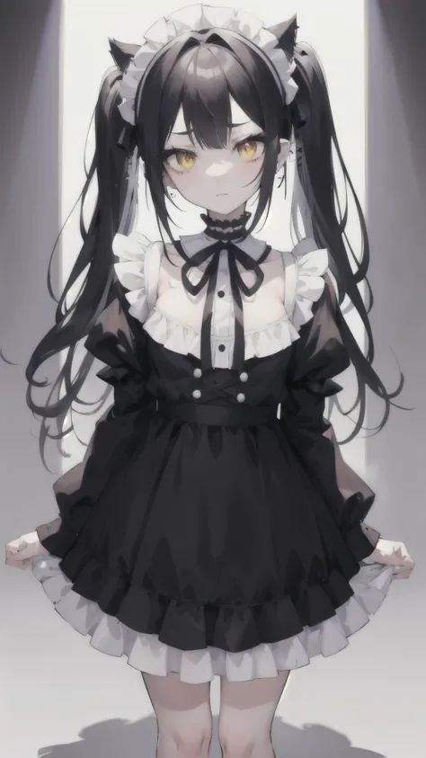 Crossdresser、Slender body、Maid clothes、loose socks、Half-up twin tails、Black Hair、Headdress、Confused eyes、Worried eyebrows、Yellow Eyes、The pattern in her eyes is a heart、boy、Embarrassing、cute、Full of piercings、Choker on neck、Animal drooping ears on head、Ful...