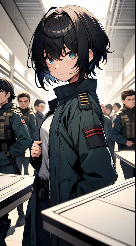 (Raw work,Better Quality:1.1), 1girl alone, One girl, alone, Short Hair, Flat Chest, army, Uniforme army de cor preta, Black Hair, go, Neutral lighting, Tension Scene, Arresting bystanders, Blue jacket