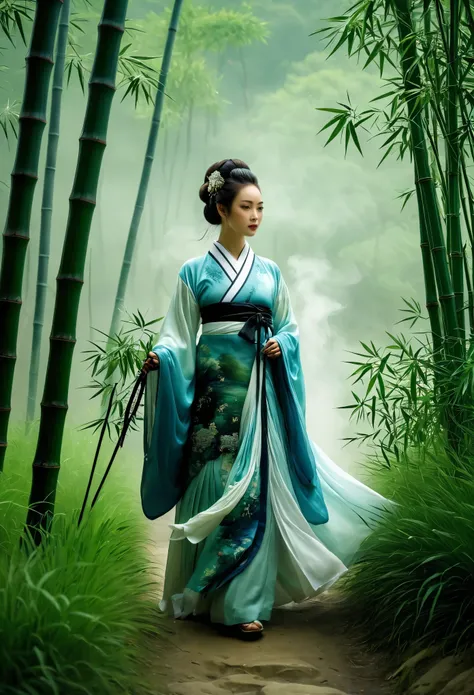 /I H entry screen, A woman in Hanfu stands among the bamboo groves, an epic fantasy scene with dark clouds in the sky and smoke effects, in the style of a Chinese ink painting depicting the martial arts world with cloud mist effects, like movie footage.--a...