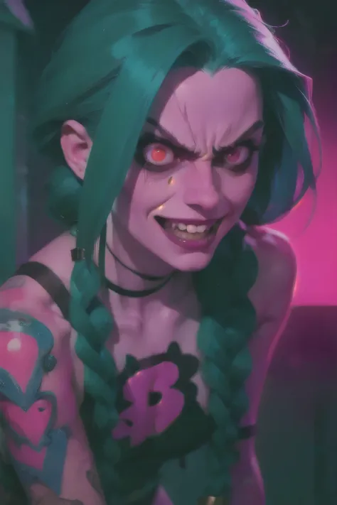 Close-up face. Hyper realistic super detailed Jinx cosplay , Young girl, 15 years old, Very detailed, (hyper realistic: 1.4), in dynamic pose, psycho smile, twin braids, long hair, blue hair, red eyes, tattooed arm , ((angry face)), arcane style. ((Grunge ...