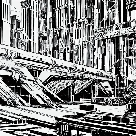 dynamic concept art linocut-woodblock black and white print of a cyberpunk dense and complex futuristic city with wide fov. esch...