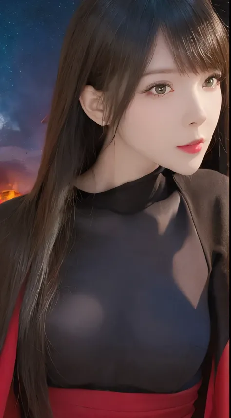 a beautiful woman with an oval face, large eyes, long eyelashes, bangs, cool and arrogant, detailed photorealistic portrait, ultimate face, realistic lighting and shadows, starry eyes, she has loose long black hair down to her waist, (flowing hair), (black...