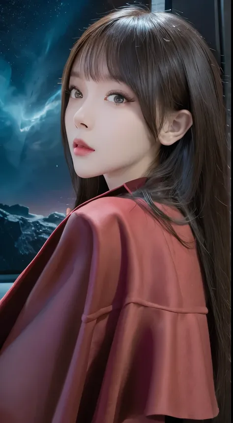 a beautiful woman with an oval face, large eyes, long eyelashes, bangs, cool and arrogant, detailed photorealistic portrait, ultimate face, realistic lighting and shadows, starry eyes, she has loose long black hair down to her waist, (flowing hair), (black...