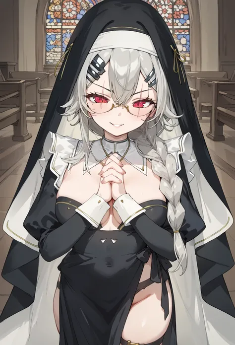 score_9, score_8_up, source_anime, 1girl, solo, sarueinun, grey hair, glasses, scar across eye, long hair, braid, hairclip, nun,...