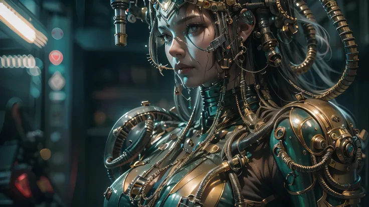 Top Quality, Masterpiece, Ultra High Resolution, ((Photorealistic: 1.4), Raw Photo, 1 LADY JUSTICE, Glossy bronze armor, wet skin, 1 Mechanical Girl, sister Repentia, warhammer, 40k, warhammer 40k armor , (Ultra Realistic Details)), mechanical limbs, tubes...