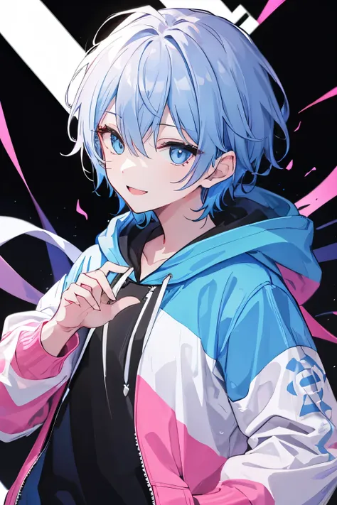 boy,hair blue,eyes  blue,hoodie black,short pink,face happy