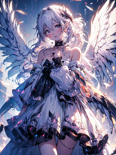 ((ultra detailed, exquisite quality, absolutely resolution)), (((Perfect body))), (((Complete Hand))), cowboy shot, (Black wings:1.5), Very long hair, Side Ponytail, choker, Holding, Off the shoulder, (White Dress:1.5), White jacket, (anime moe art style:1...