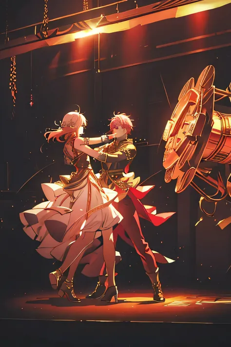 woman. Rose gold hair. Red eyes. Gears on the background. On the hand is a complex bracelet with a crystals. Trousers. Fantasy Clothing. Dancing.