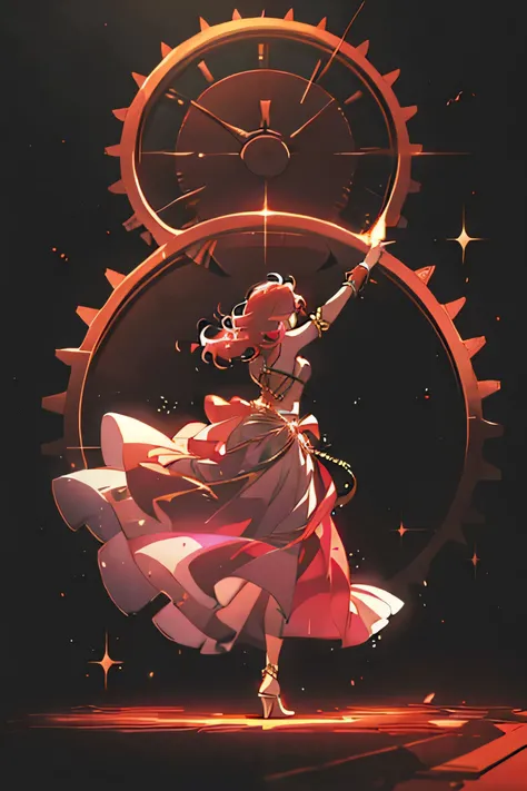 woman. Rose gold hair. Red eyes. Gears on the background. On the hand is a complex bracelet with a crystals. Trousers. Fantasy Clothing. Dancing.