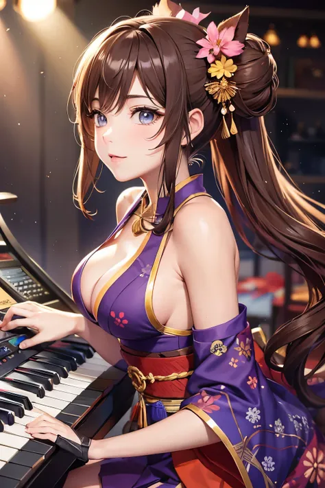 Top quality, ample limbs, perfect fingers, slender beauty, twin-tailed bun hairstyle, brown hair, Deresute, A costume of haori and hakama with a flashy pattern,Band instrumentskeyboard, beautiful large breasts, live stage, Playing Band InstrumentsKeyboard