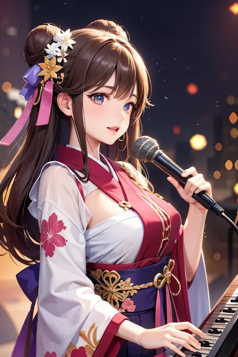 Top quality, ample limbs, perfect fingers, slender beauty, twin-tailed bun hairstyle, brown hair, Deresute, A costume of Floral haori and minihakama with a flashy pattern,Band instrumentskeyboard, beautiful large breasts, live stage, Playing Band Instrumen...