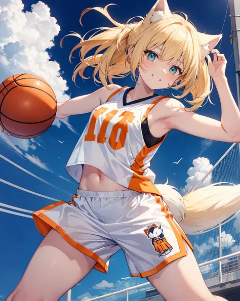 1nekogirl, White cat ears,blonde fox tail, basketball clothes, oversize orange basketball t-shirt, white  basketball shorts, bare shoulder. Long blonde hair, cool anime Green eyes. she is doing a slam dunk. She is Mid-air, shot from the above. She is smili...