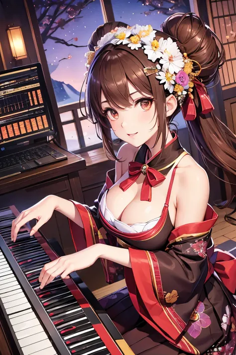 Top quality, ample limbs, perfect fingers, slender beauty, twin-tailed bun hairstyle, brown hair, Deresute, A costume of haori and hakama with a flashy pattern,Band instrumentskeyboard, beautiful large breasts, live stage, Playing Band InstrumentsKeyboard