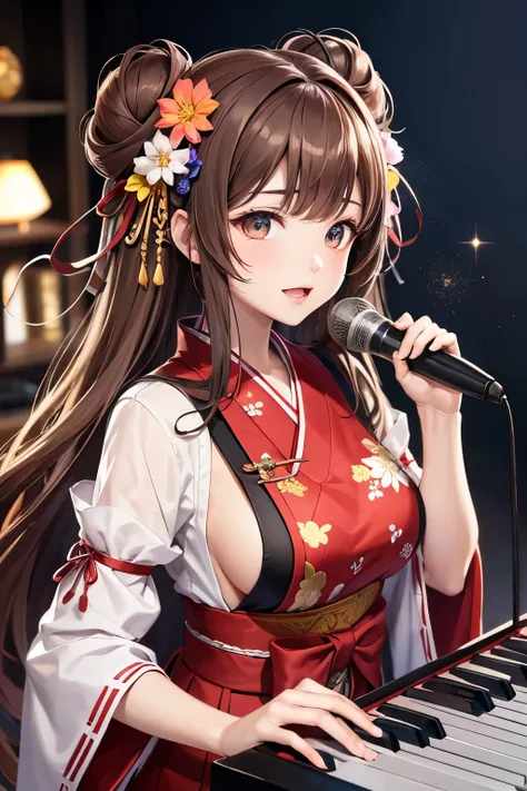 Top quality, ample limbs, perfect fingers, slender beauty, twin-tailed bun hairstyle, brown hair, Deresute, A costume of Floral haori and minihakama with a flashy pattern,Band instrumentskeyboard, beautiful large breasts, live stage, Playing Band Instrumen...